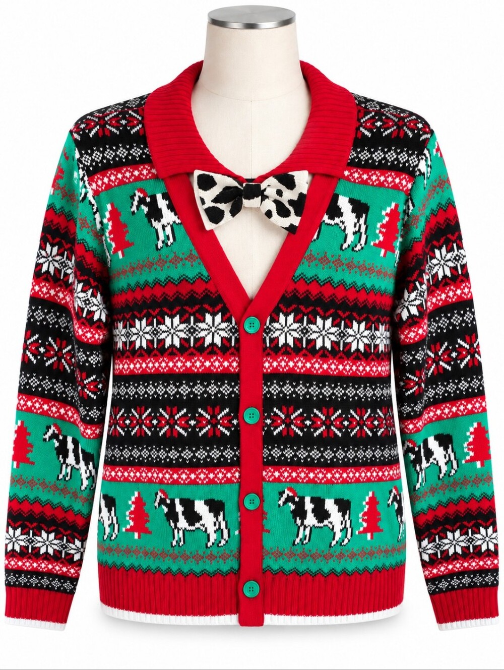 Blizzard Bay Ugly Christmas Sweater Cardigan Mens L Cow Bow Tie Faux 2fer Red
